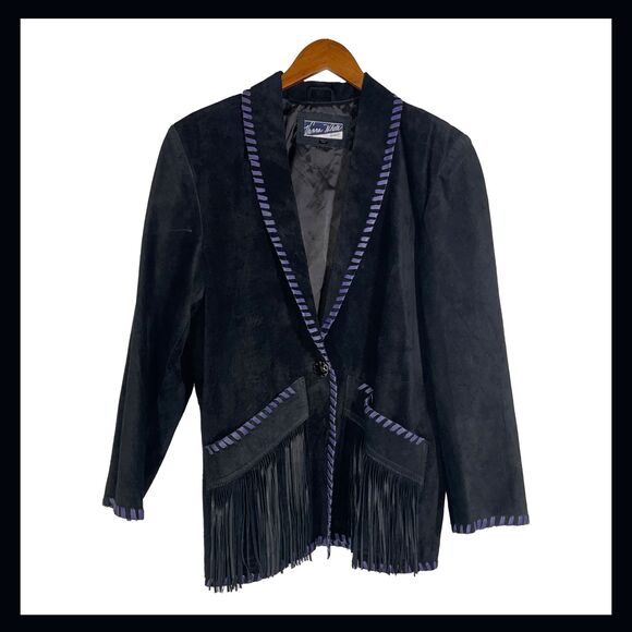 Vintage Vanna White Originals Suede Fringe Jacket Genuine Leather Black Purple - Picture 1 of 13